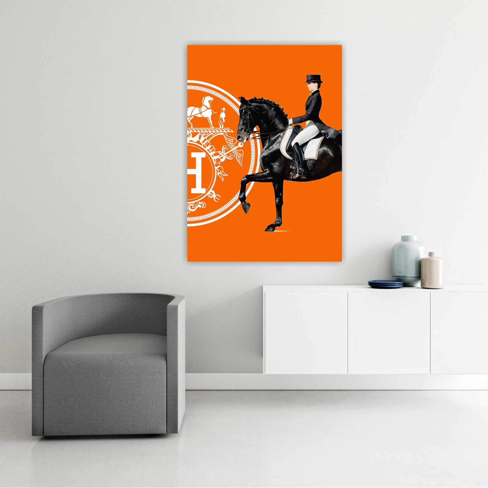 Hermes, Donna a cavallo, profilo destro. Poster o Quadro su tela, 100% cotone.
