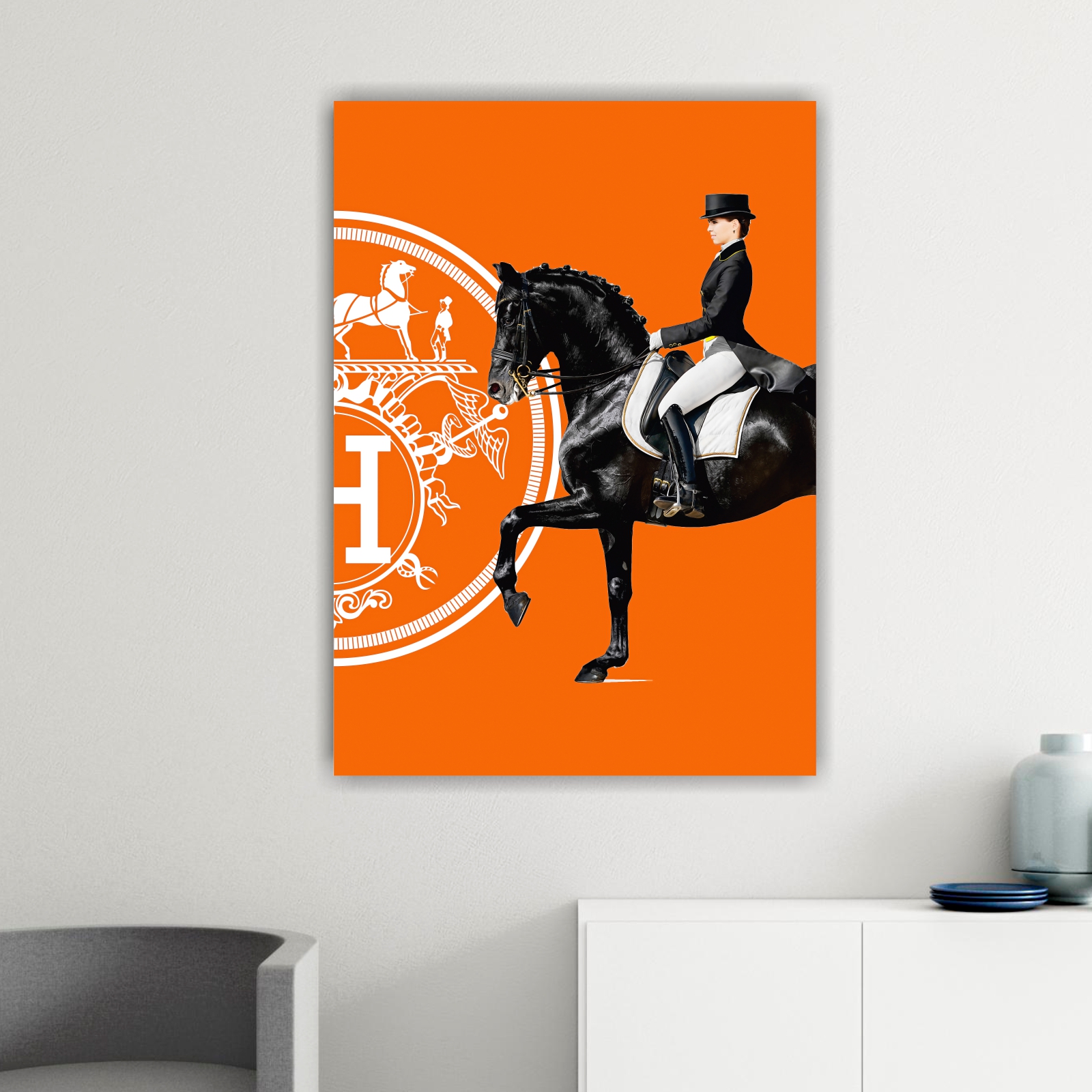 Hermes, Donna a cavallo, profilo destro. Poster o Quadro su tela, 100% cotone.