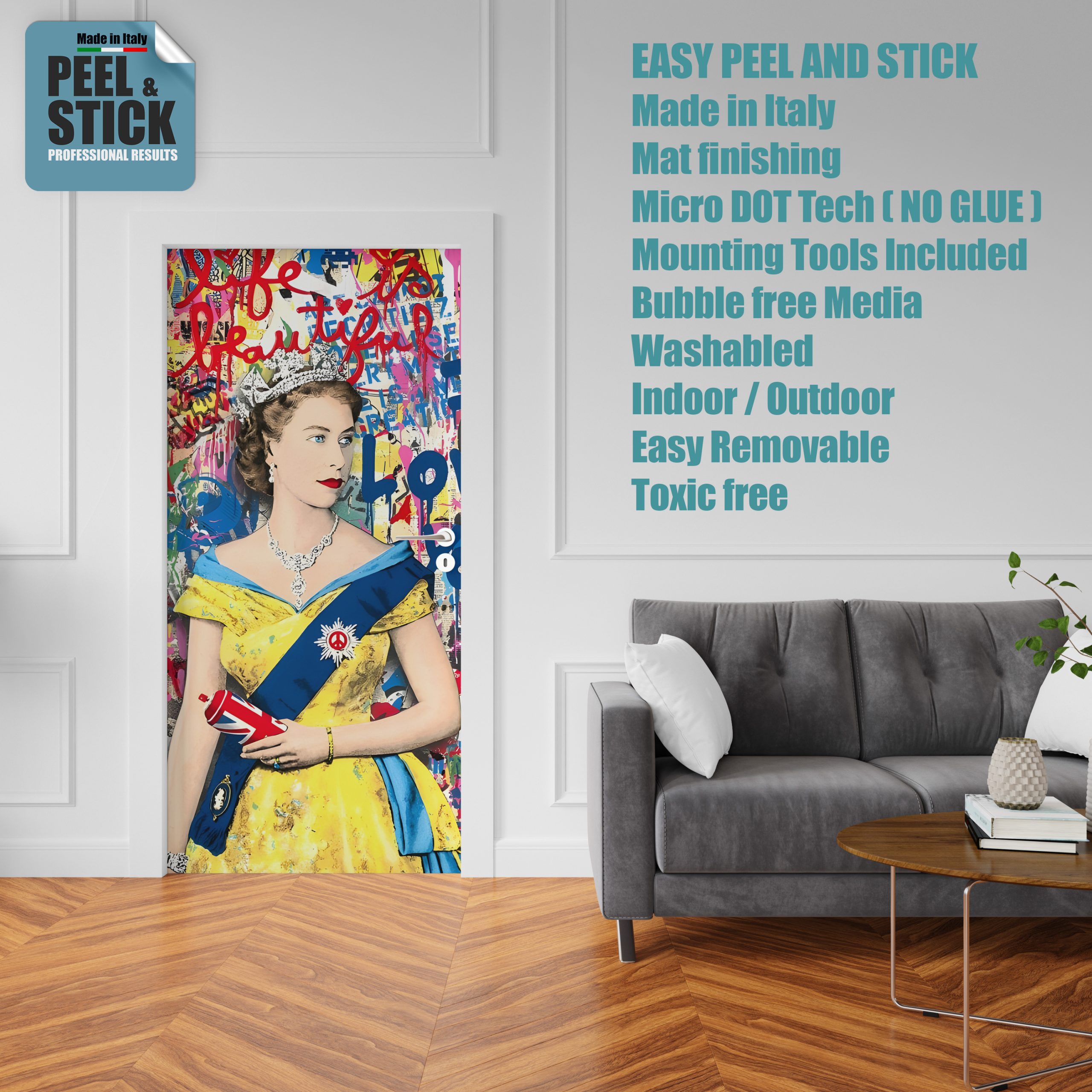 Adesivo per rivestimento porte in Pvc, Regina in stile Banksy, Easy Apply, Sticker decorazione interni.