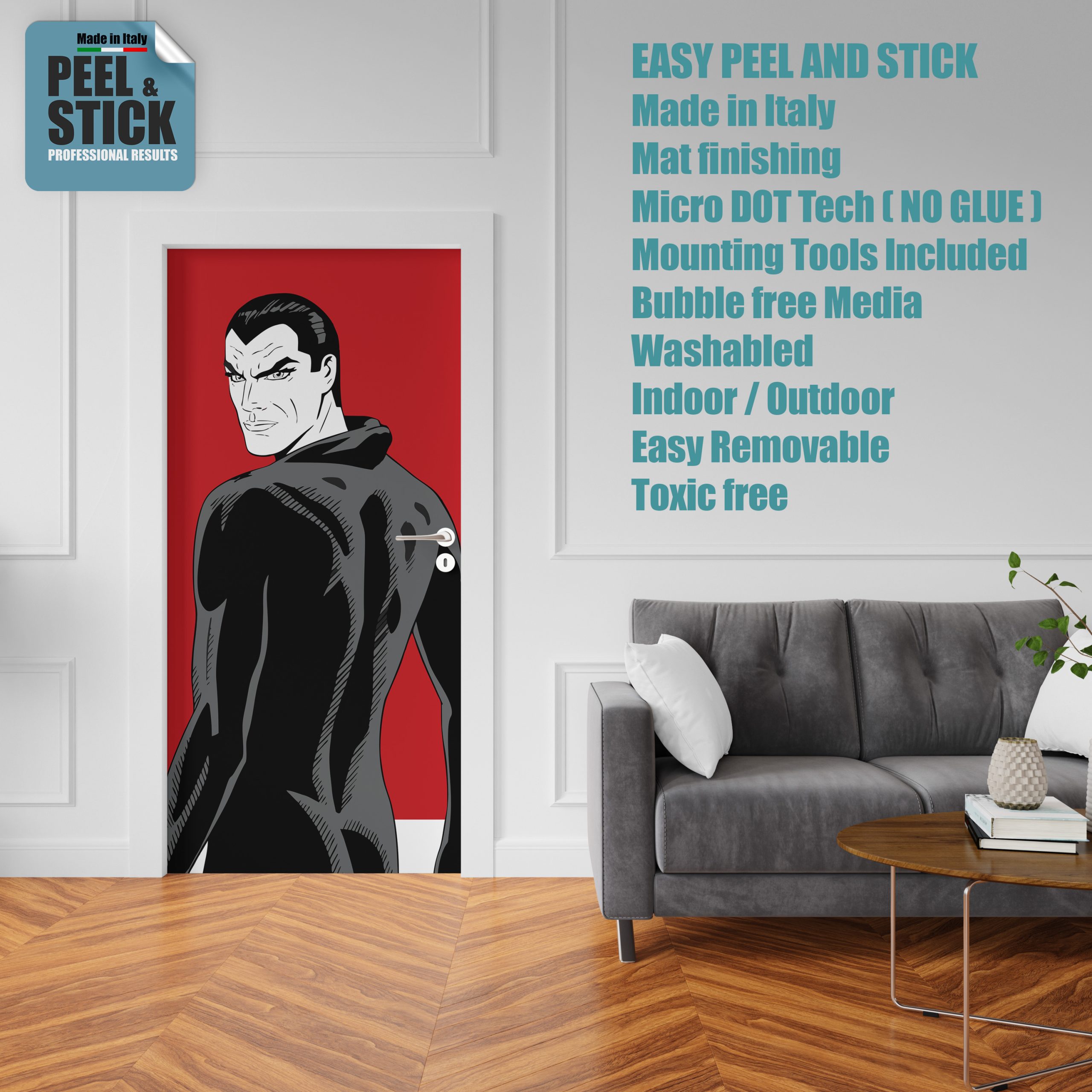 Adesivo per rivestimento porte in Pvc, Diabolik Rosso di schiena, Easy Apply, Sticker decorazione interni.