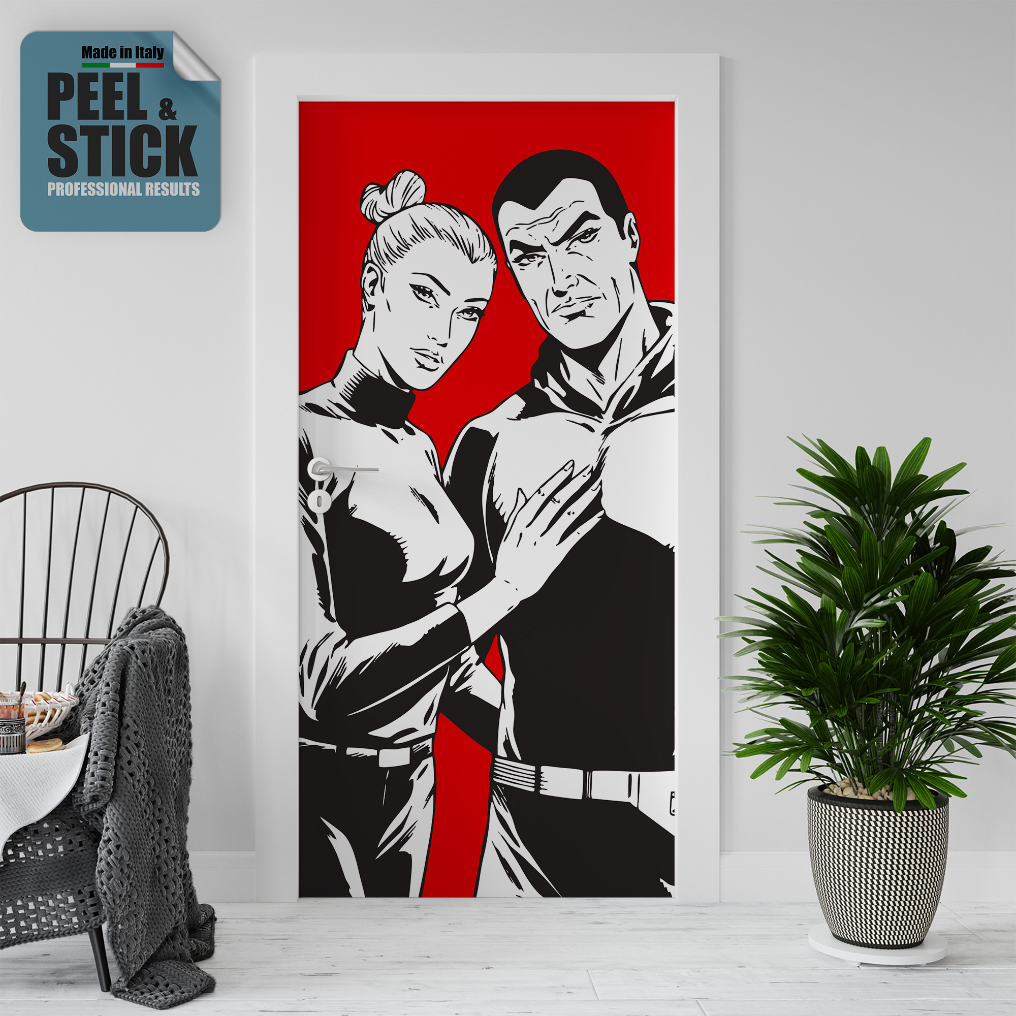 Adesivo per rivestimento porte in Pvc, Diabolik & Eva Sfondo Rosso, Easy Apply, Sticker decorazione interni.