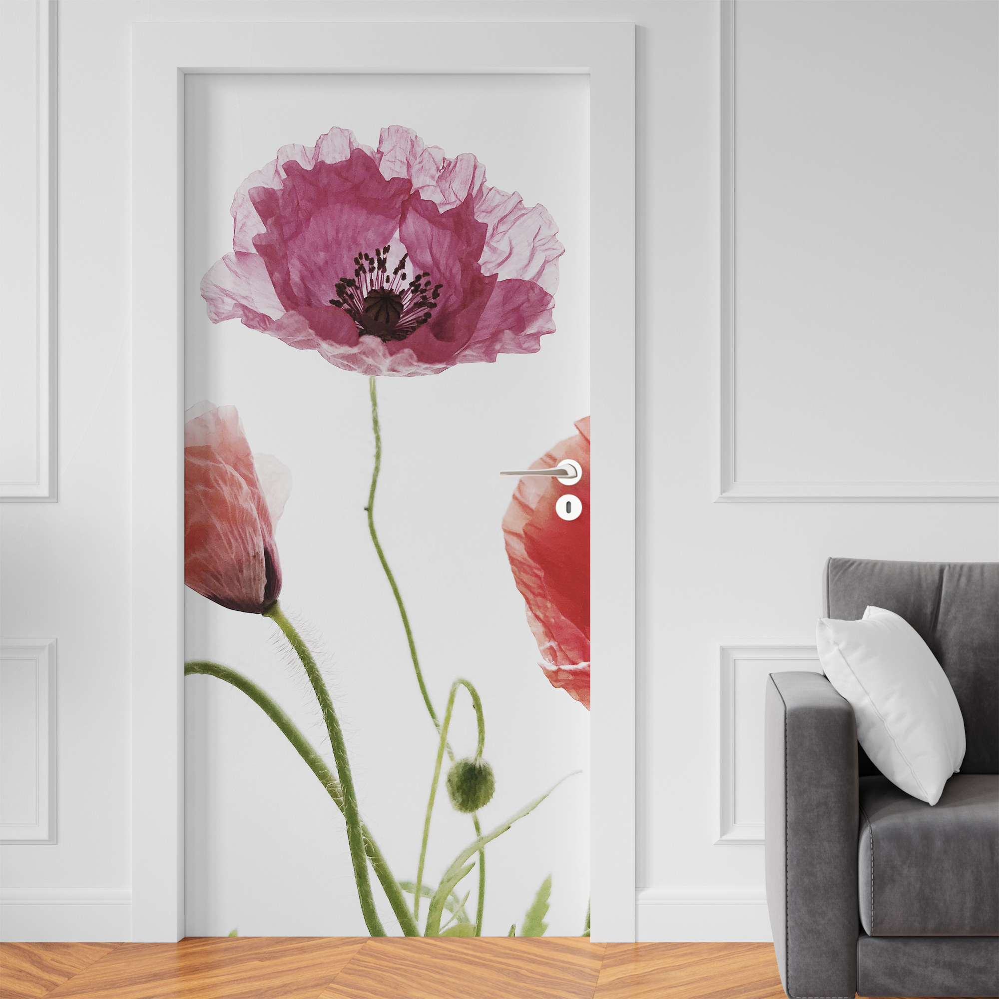 Adesivo per rivestimento porte in Pvc, Papavero, Easy Apply, Sticker decorazione interni.