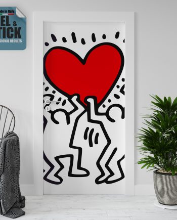 Adesivo per rivestimento porte in Pvc, Keith Haring Heart, Easy Apply, Sticker decorazione interni.