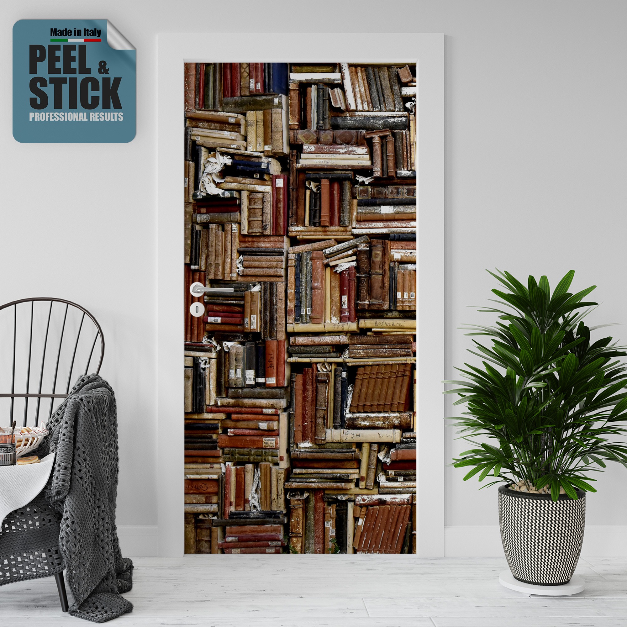 Adesivo per rivestimento porte in Pvc, Libreria, Easy Apply, Sticker decorazione interni.