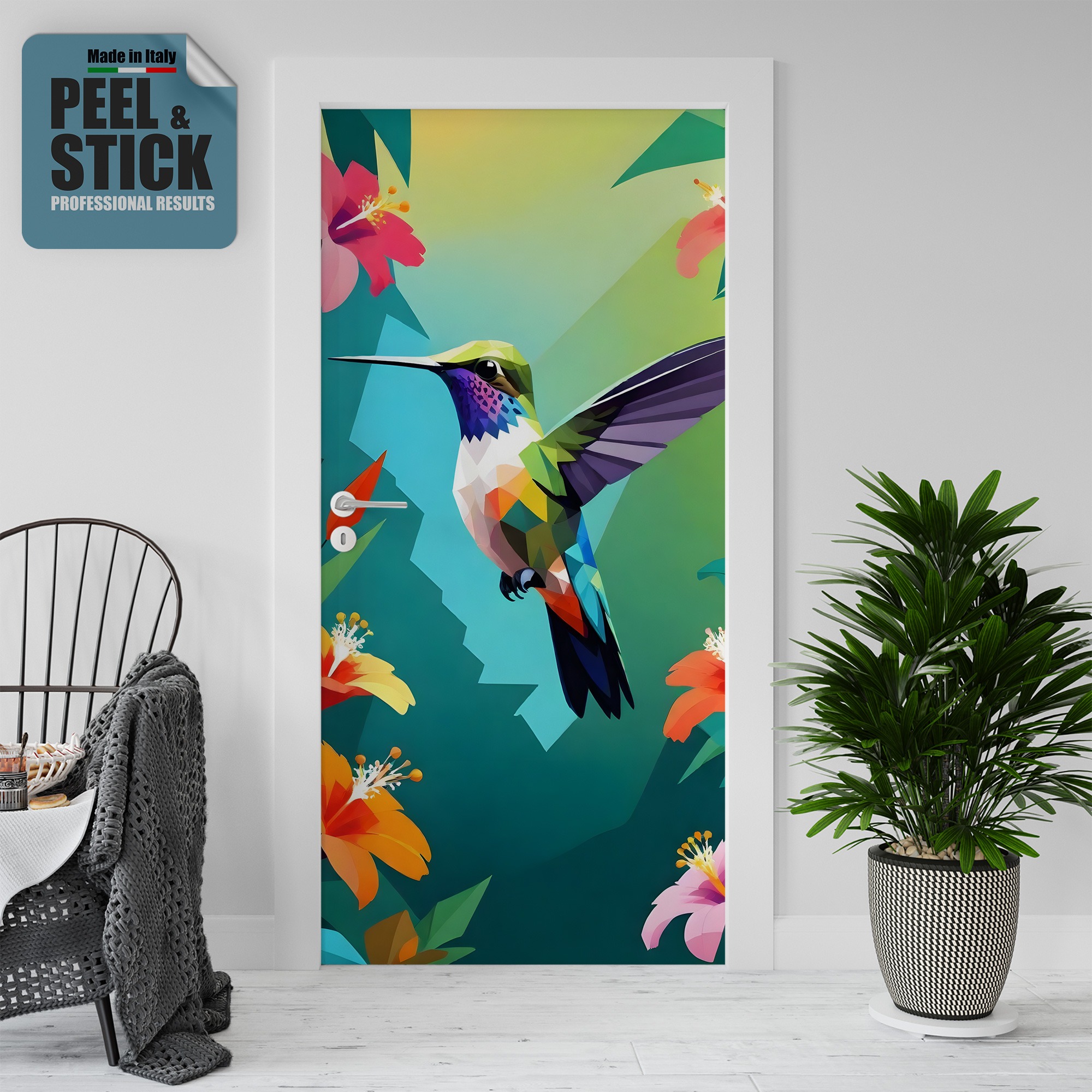 Adesivo per rivestimento porte in Pvc, Colibrì, Easy Apply, Sticker decorazione interni.