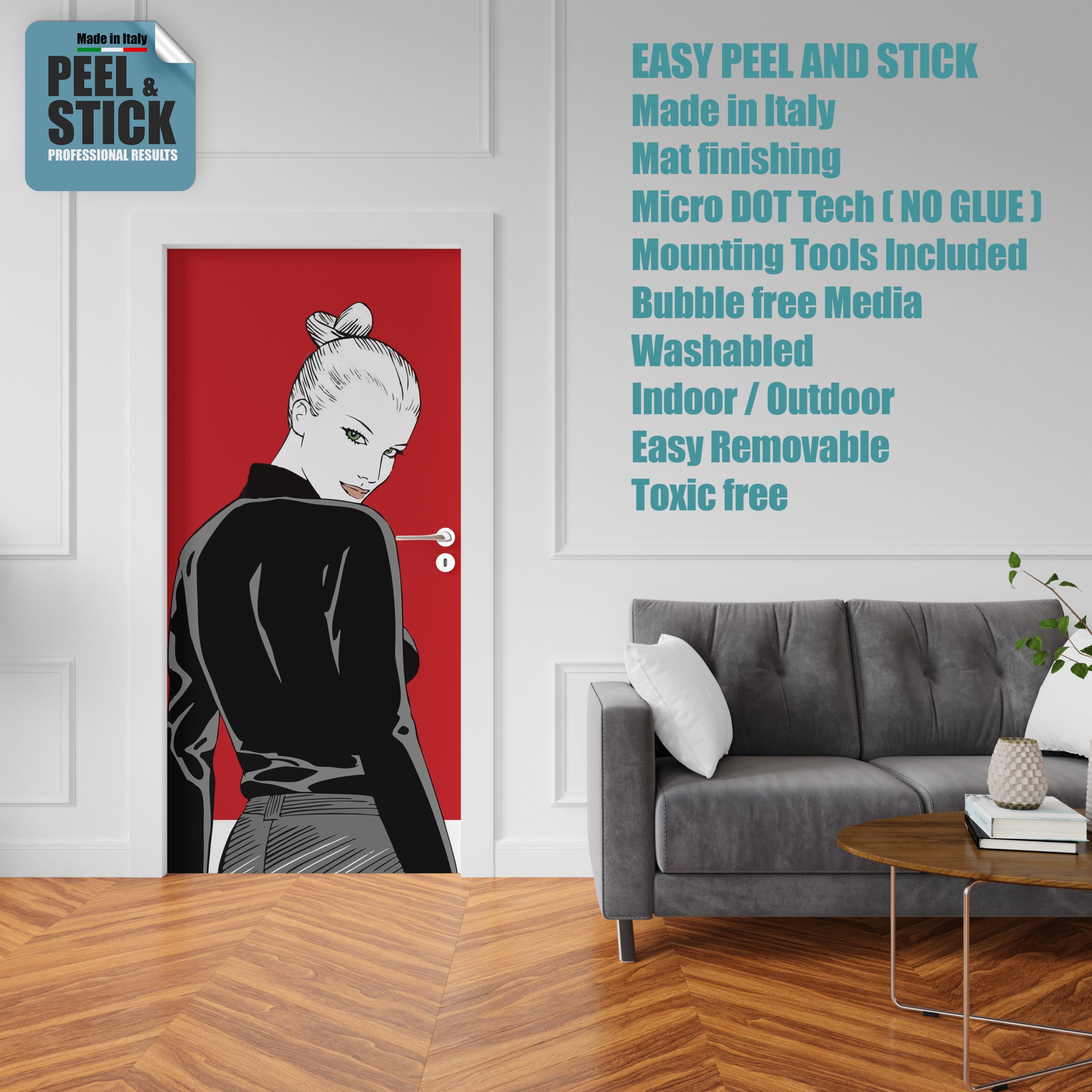 Adesivo per rivestimento porte in Pvc, Eva Sfondo Rosso, Diabolik, Easy Apply, Sticker decorazione interni.