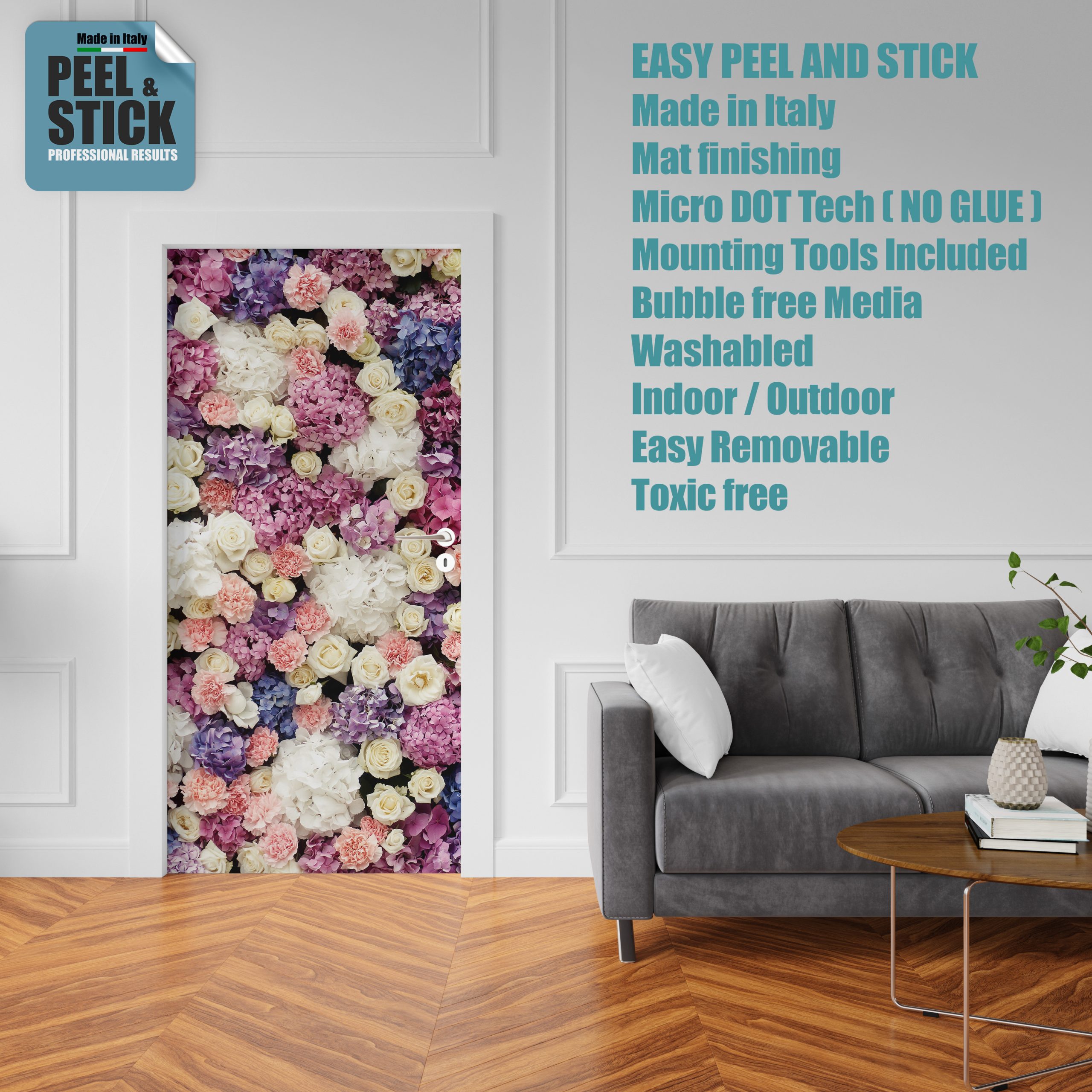 Adesivo per rivestimento porte in Pvc, Fiori Bouquet, Easy Apply, Sticker decorazione interni.