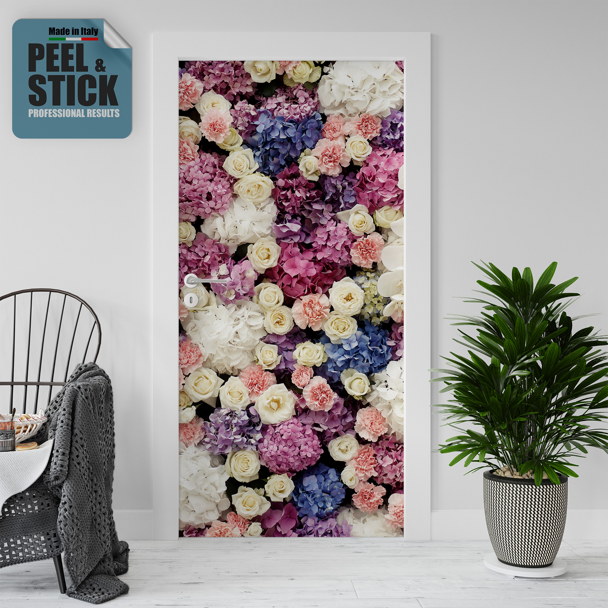 Adesivo per rivestimento porte in Pvc, Fiori Bouquet, Easy Apply, Sticker decorazione interni.