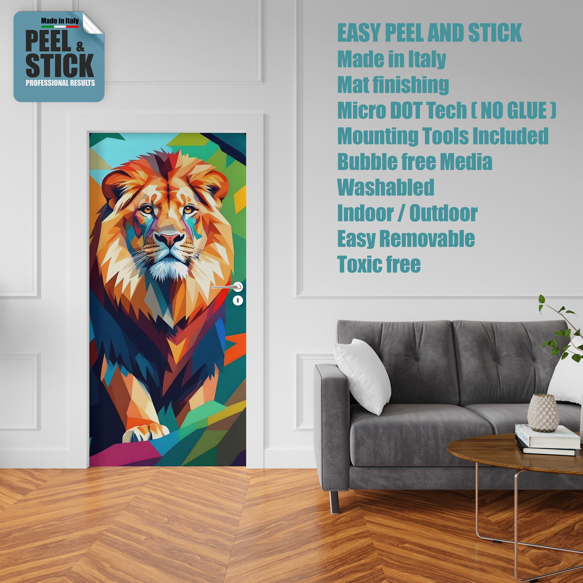 Adesivo per rivestimento porte in Pvc, Leone Pop, Easy Apply, Sticker decorazione interni.
