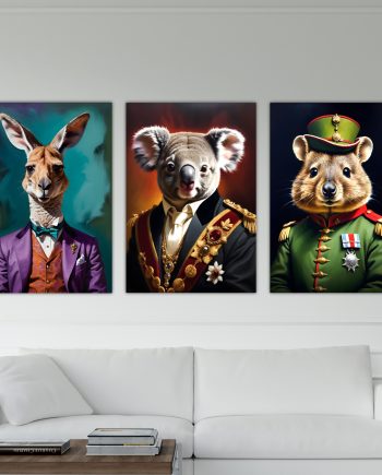 Animali della nobiltà australiana, Quokka, Canguro e Koala, Trittico. Poster o Quadro su tela 100% cotone.