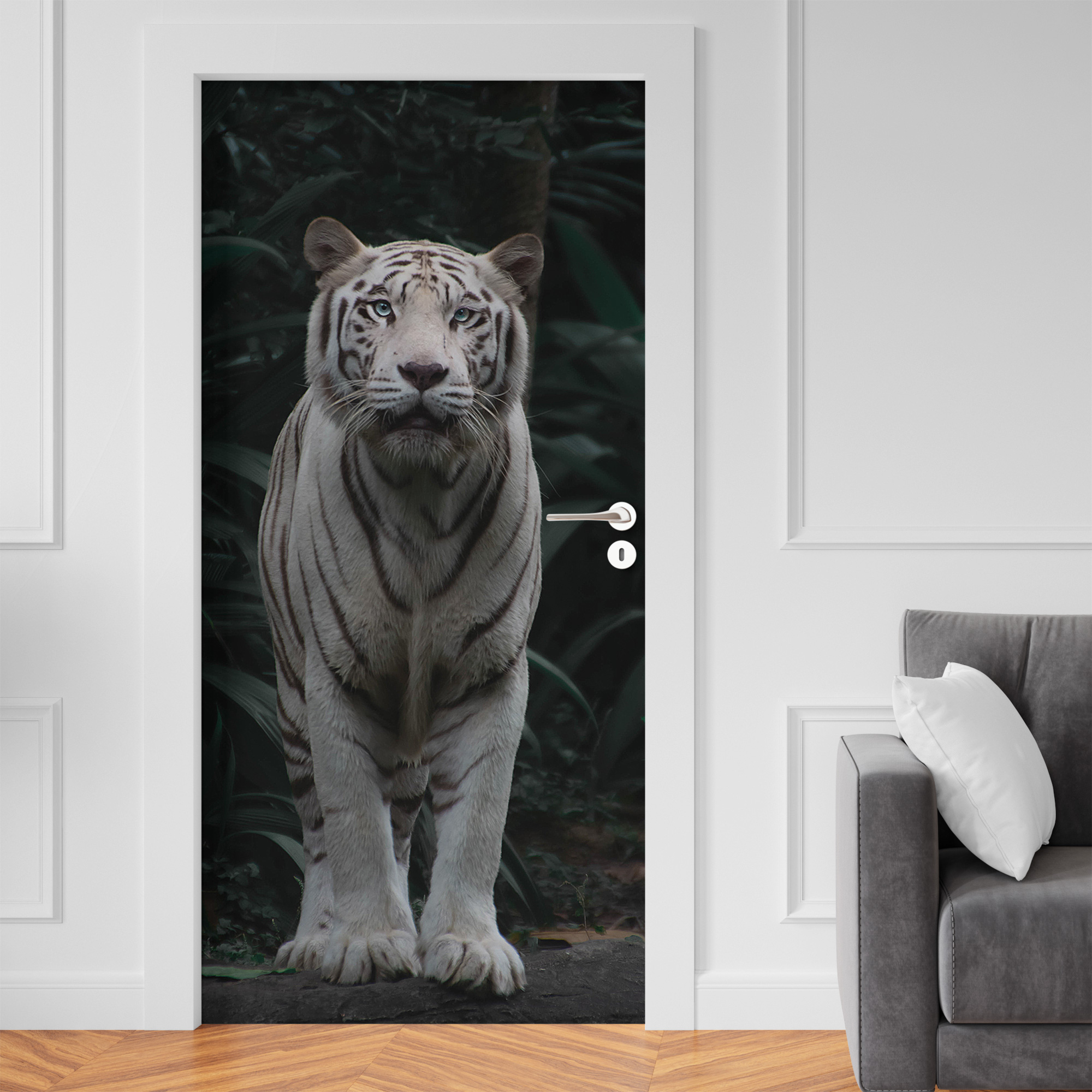 Adesivo per rivestimento porte in Pvc, Tigre Bianca, Easy Apply, Sticker decorazione interni.