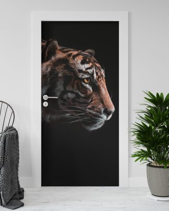 Adesivo per rivestimento porte in Pvc, Tigre sfondo nero, Easy Apply, Sticker decorazione interni.