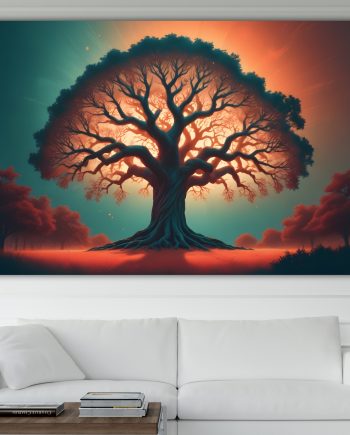 Albero della vita Tramonto. Poster o Quadro moderno su tela, 100% cotone. Arredamento casa.