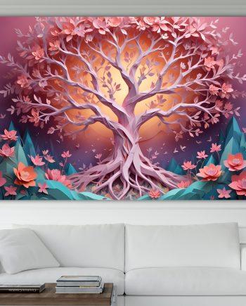 Albero della vita Fiori di loto rosa. Poster o Quadro moderno su tela, 100% cotone. Arredamento casa.