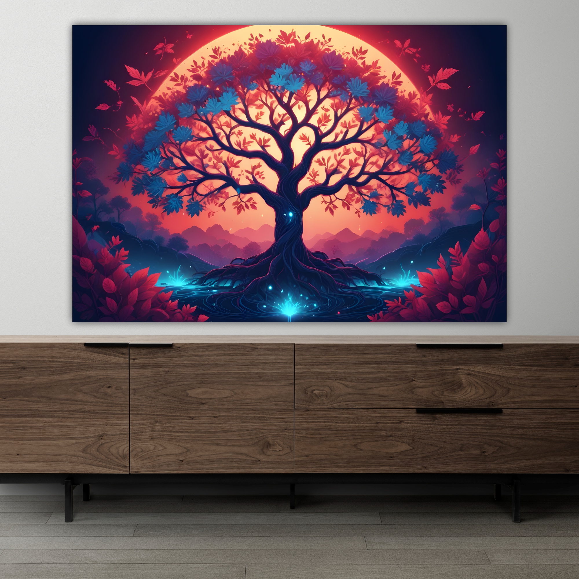 Albero della vita Rosso. Poster o Quadro moderno su tela, 100% cotone. Arredamento casa.