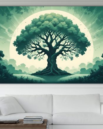 Albero della vita Verde. Poster o Quadro moderno su tela, 100% cotone. Arredamento casa.