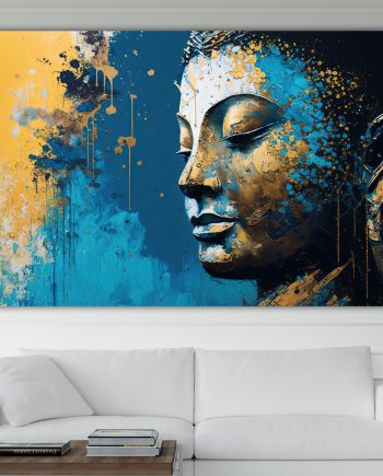 Buddha Blu e Oro. Poster o Quadro moderno su tela, 100% cotone. Arredamento casa.