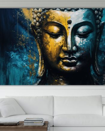 Buddha Blu e Oro primo piano. Poster o Quadro moderno su tela, 100% cotone. Arredamento casa.