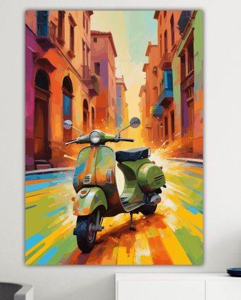 Auto d'Epoca, Ispirata alla Vespa. Poster o Quadro moderno su tela, 100% cotone. Arredamento casa.