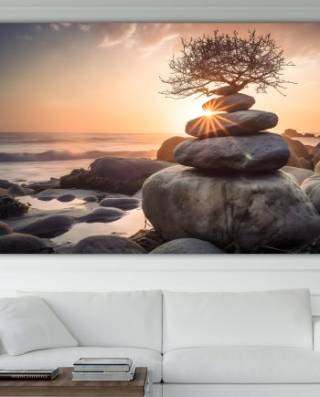 Stone Balancing, pietre impilate zen al tramonto. Poster o Quadro moderno su tela, 100% cotone. Arredamento casa.