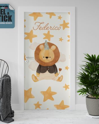 Adesivo per rivestimento porte in Pvc, Leone con nome da personalizzare, Easy Apply, Sticker decorazione interni.