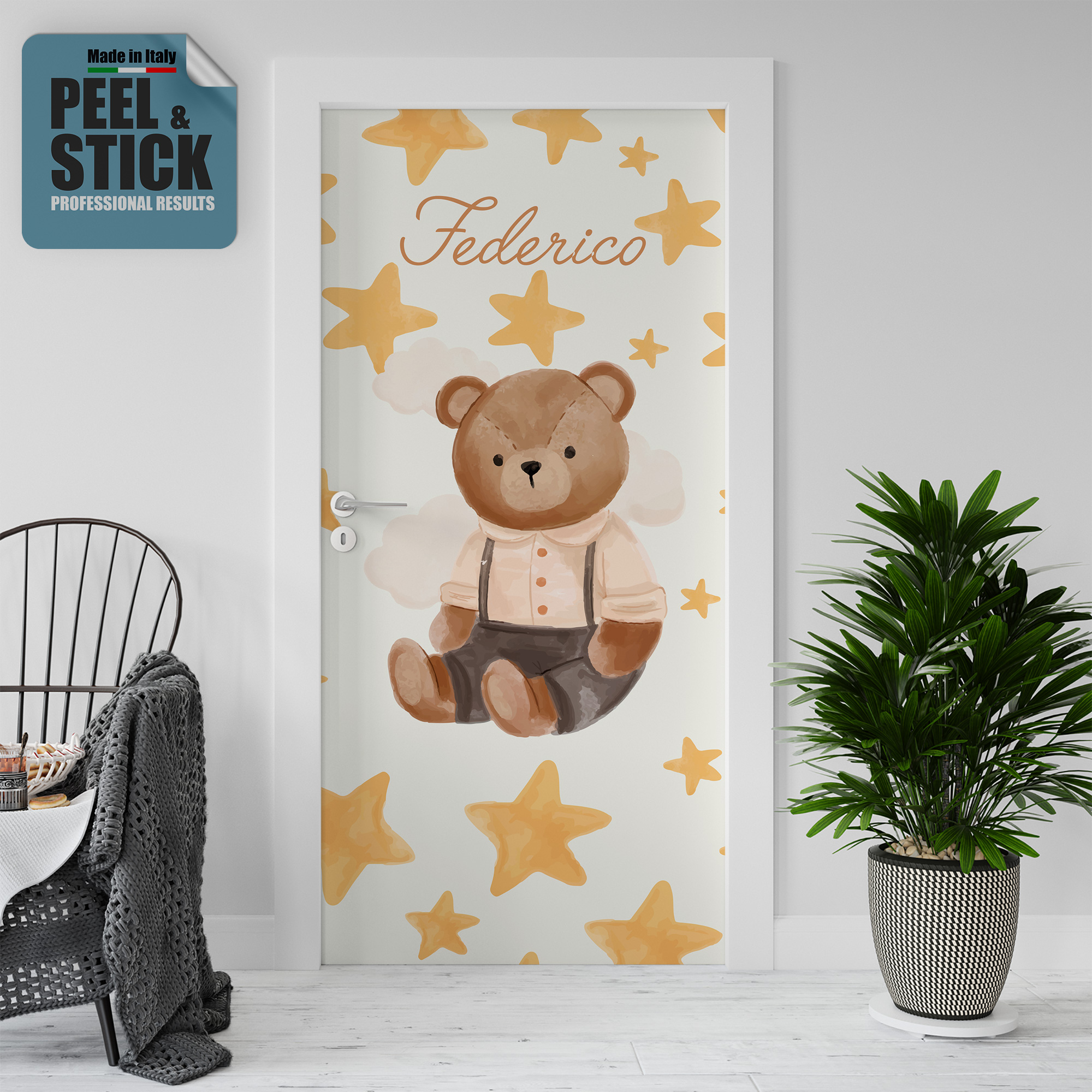 Adesivo per rivestimento porte in Pvc, Orsetto con nome da personalizzare, Easy Apply, Sticker decorazione interni.