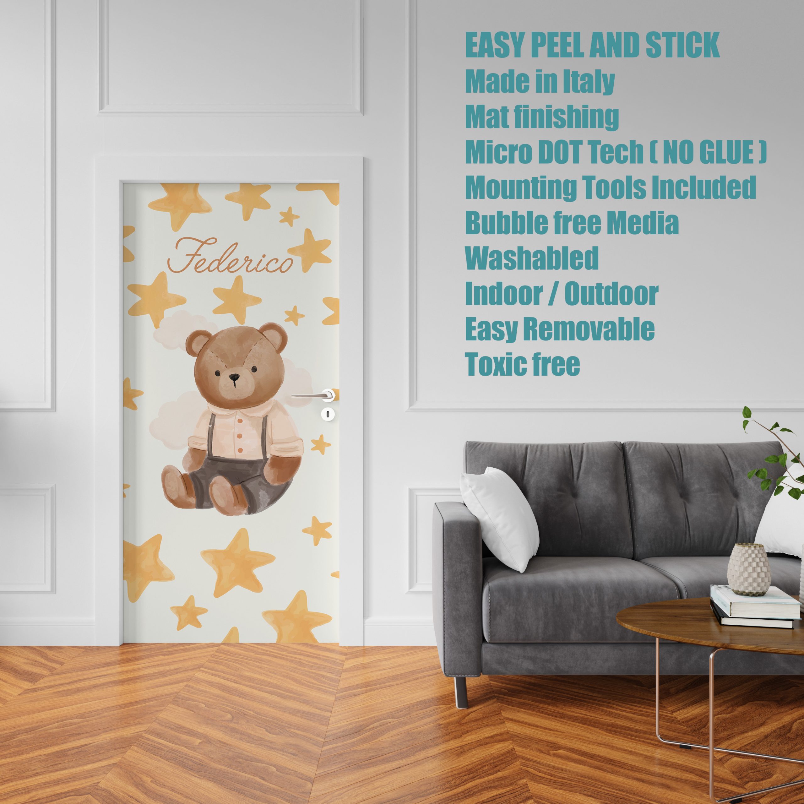 Adesivo per rivestimento porte in Pvc, Orsetto con nome da personalizzare, Easy Apply, Sticker decorazione interni.